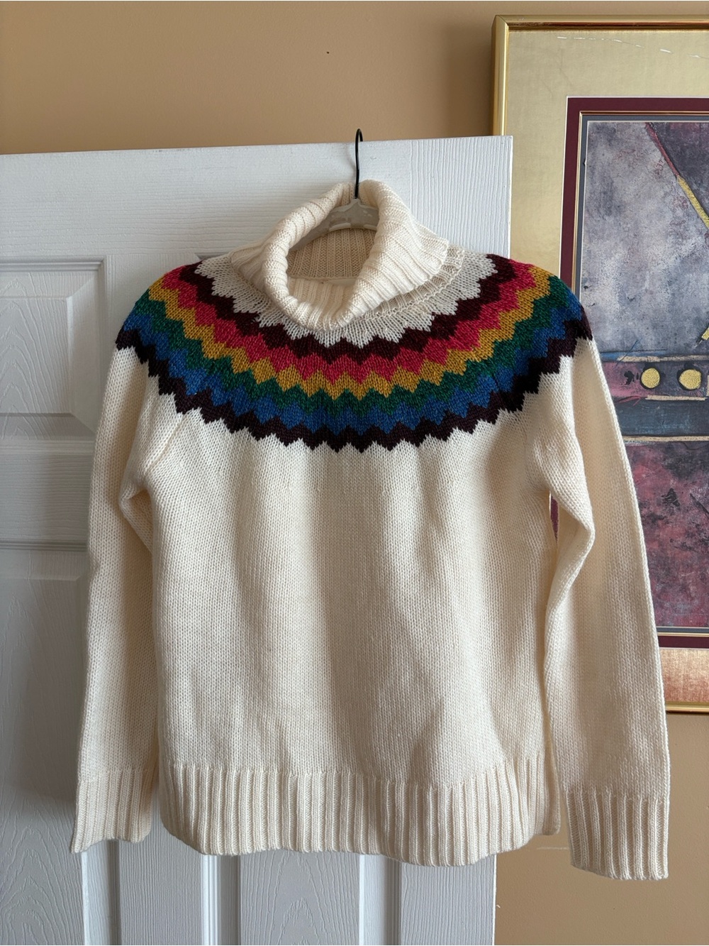 Hudson Jeans Cream Turtleneck Sweater with Rainbow Chevron Yoke